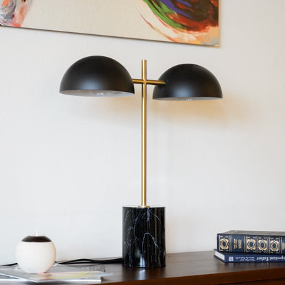 Nova hydro double table lamp with black shades, brass stem, marble base beside ceramic lamp on Tampa Home & Garden Store