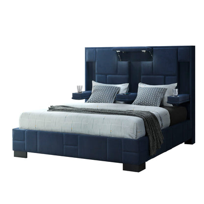 Yaris upholstered bed in deep navy fabric with tall tufted headboard and built-in reading lamps HouseOfZazla on Tampa Home & Garden Store