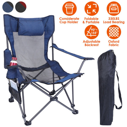 GemGear blue foldable camping chair with reclining backrest, cup holder, side pocket on Tampa Home & Garden Store
