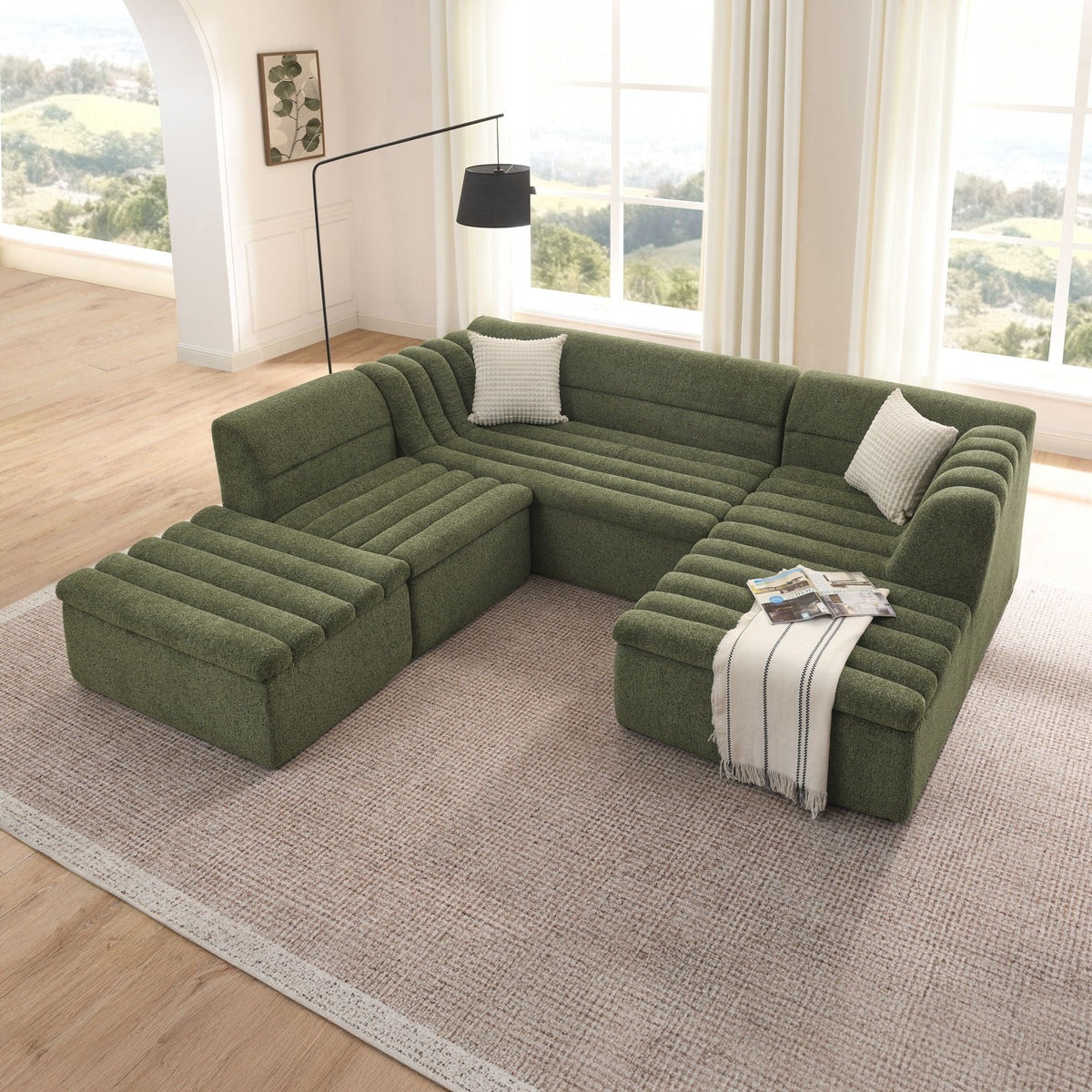 U-Shaped modular sofa with chaise and ottoman in green fabric wave-armrest HouseOfZazla on Tampa Home & Garden Store