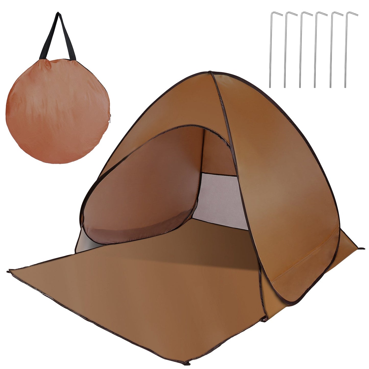 Pop-Up brown beach tent sun shade with net window; orange bag and 6 stakes for 2–3 people on Tampa Home & Garden Store