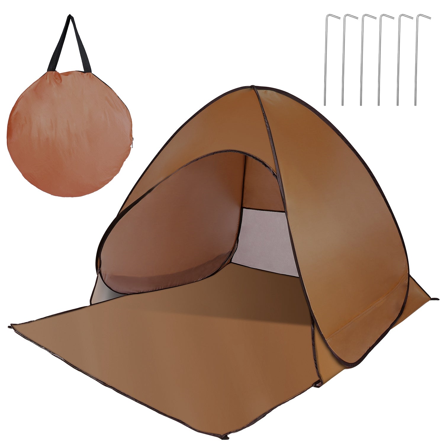 Pop-Up brown beach tent sun shade with net window; orange bag and 6 stakes for 2–3 people on Tampa Home & Garden Store