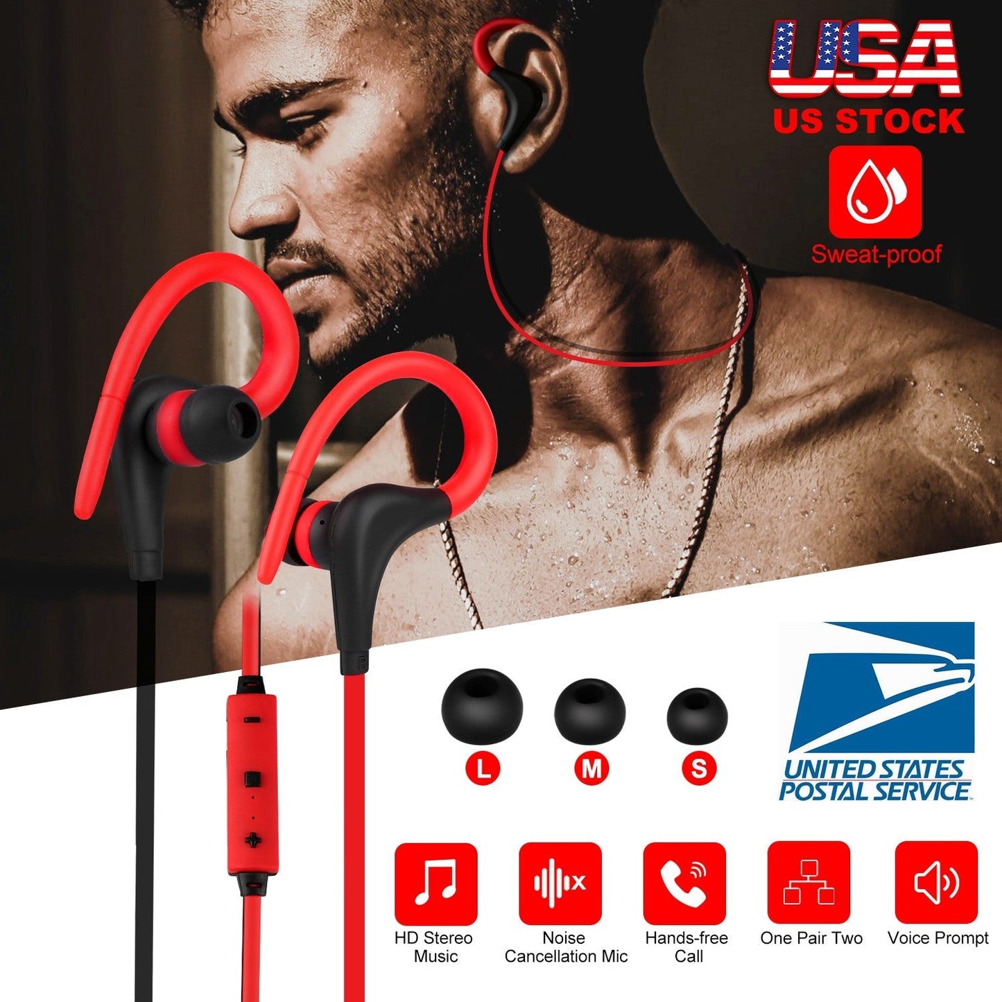 GemGear wireless sport in-ear headphones with red ear hooks, sweat-proof mic for running on Tampa Home & Garden Store