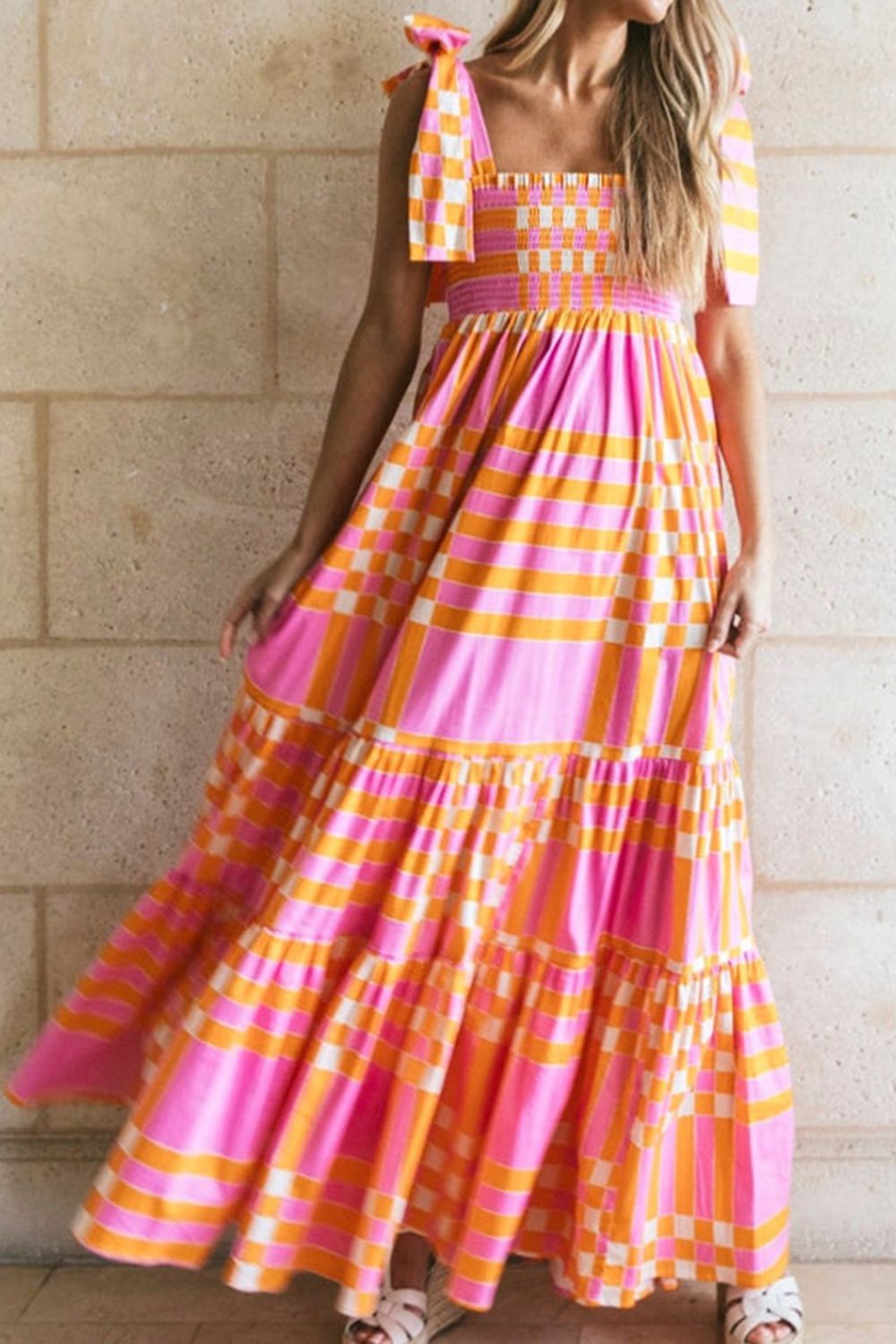 Stevvex girls color block tie shoulder maxi dress pink plaid tiered skirt on Tampa Home & Garden Store