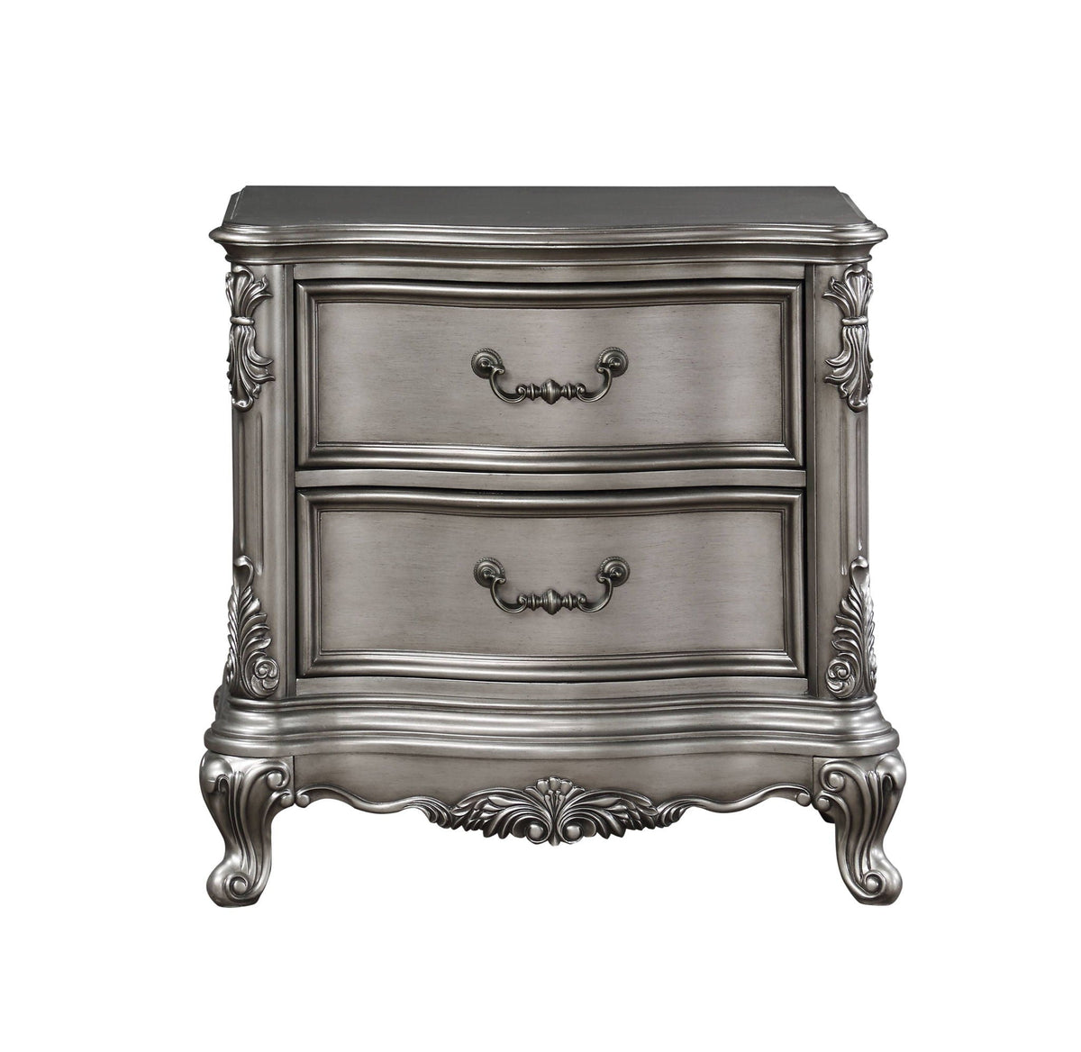 Ariadne Nightstand by HouseOfZazla in antique silver finish with ornate carved accents on Tampa Home & Garden Store