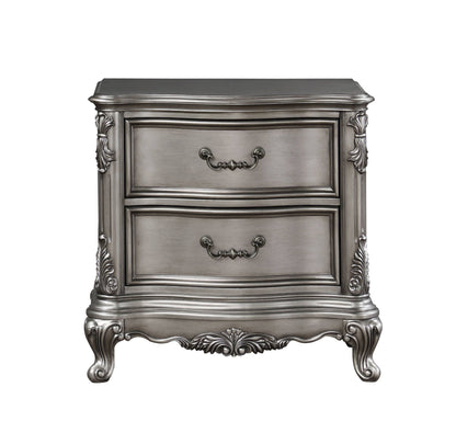 Ariadne Nightstand by HouseOfZazla in antique silver finish with ornate carved accents on Tampa Home & Garden Store
