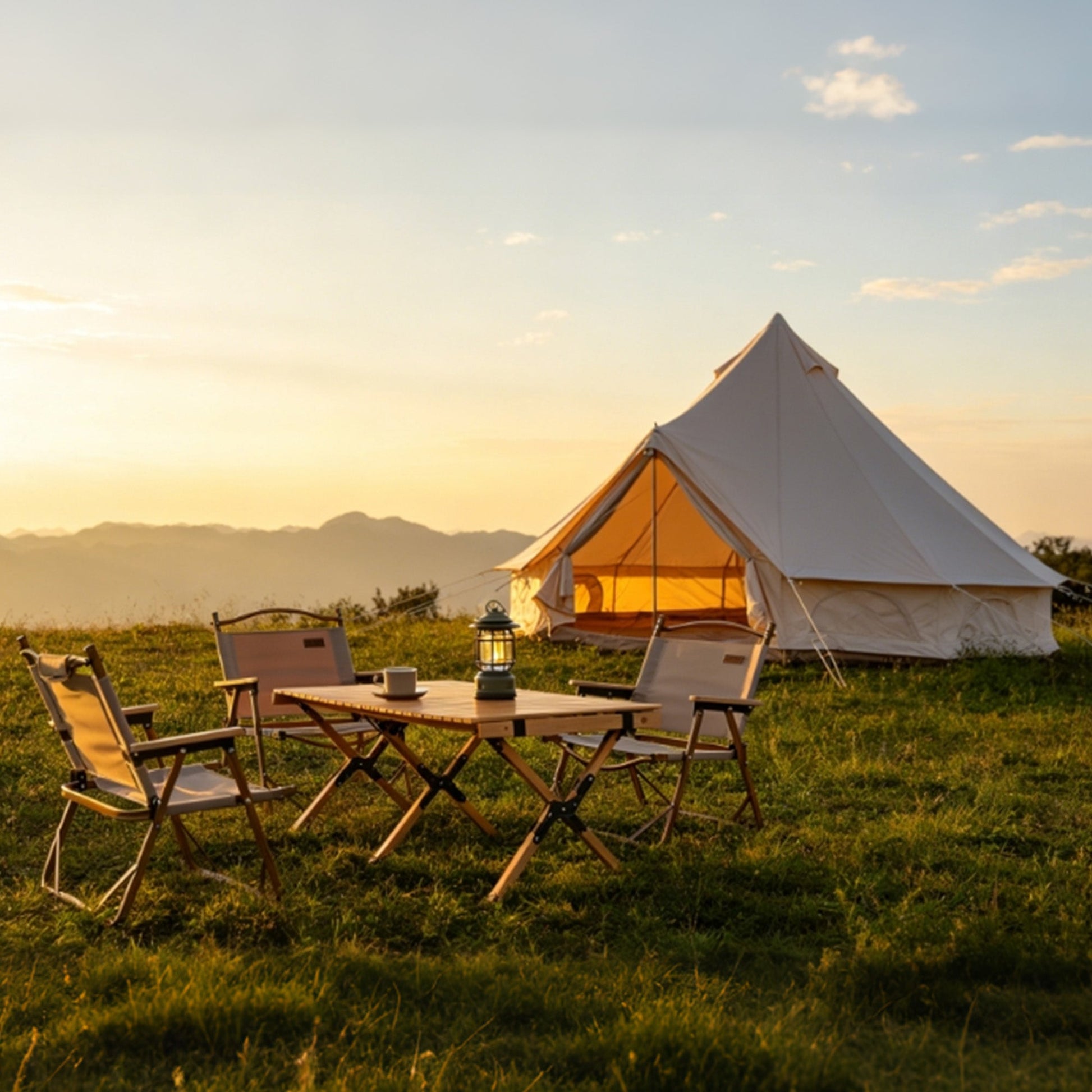 GemGear Oxford Bell Tent 13.1ft with stove jack on grassy campsite at sunset with folding chairs on Tampa Home & Garden Store