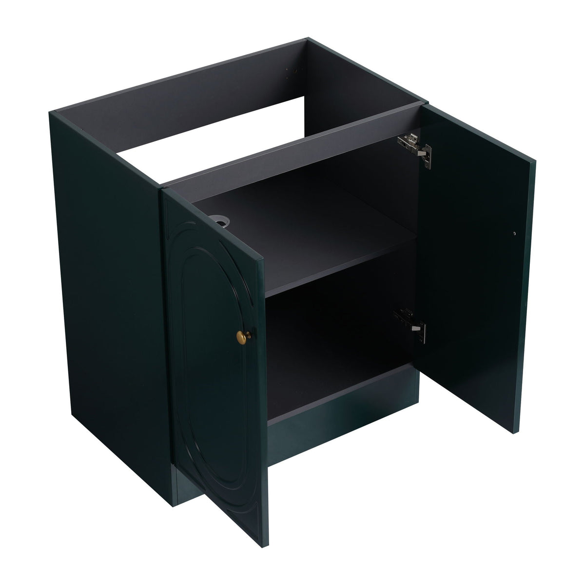 Freestanding Bath Vanity With Resin Sink And Door dark green finish with inner shelves and brass knob on door on Tampa Home & Garden Store