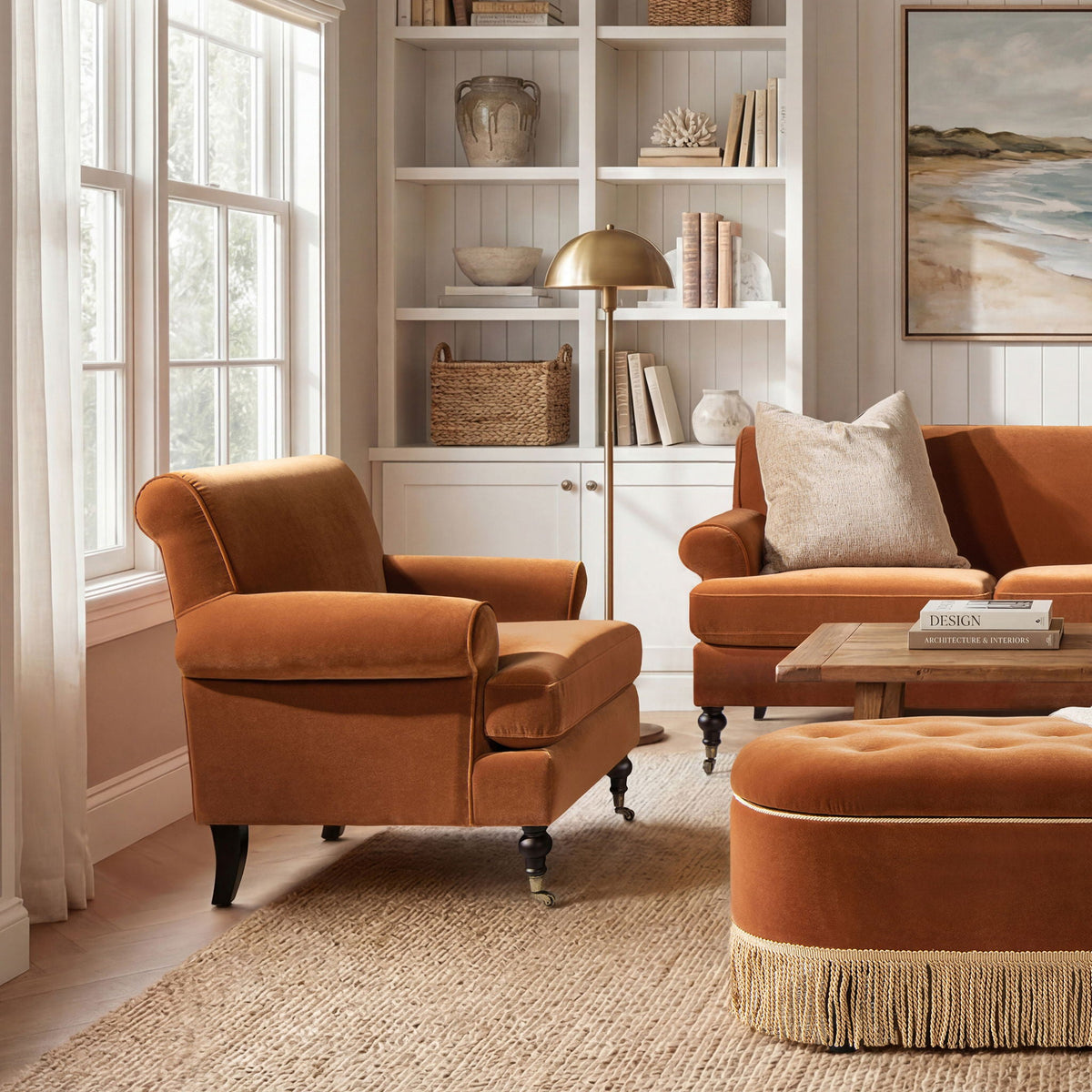 Accent Arm Chairs with Casters in rust-orange upholstery, living room scene with ottoman on Tampa Home & Garden Store