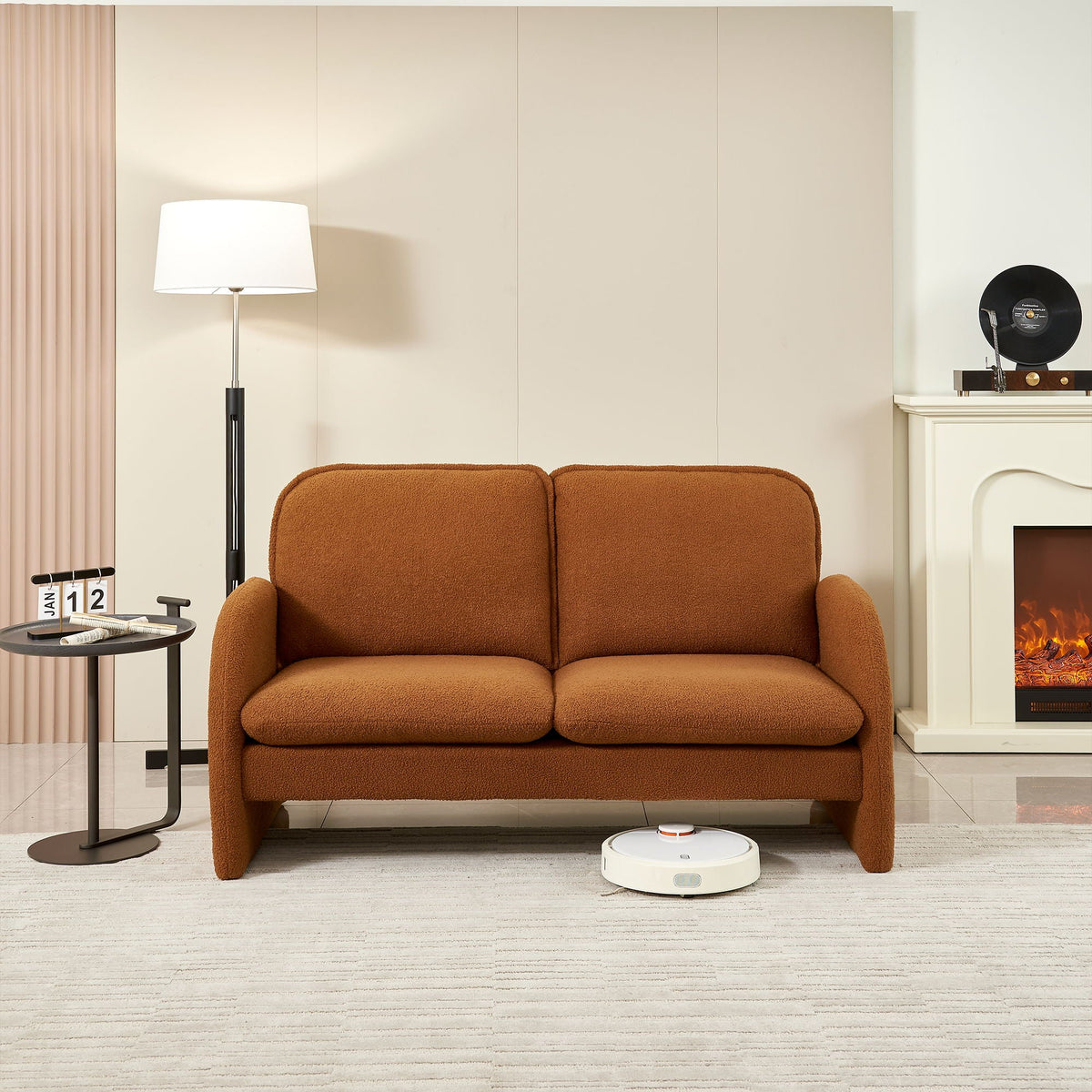 Brown sherpa fabric loveseat sofa, compact two-seat couch for small living spaces on Tampa Home & Garden Store