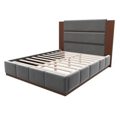 Modern upholstered platform bed with extended headboard, gray padded panels and wood rails on Tampa Home & Garden Store