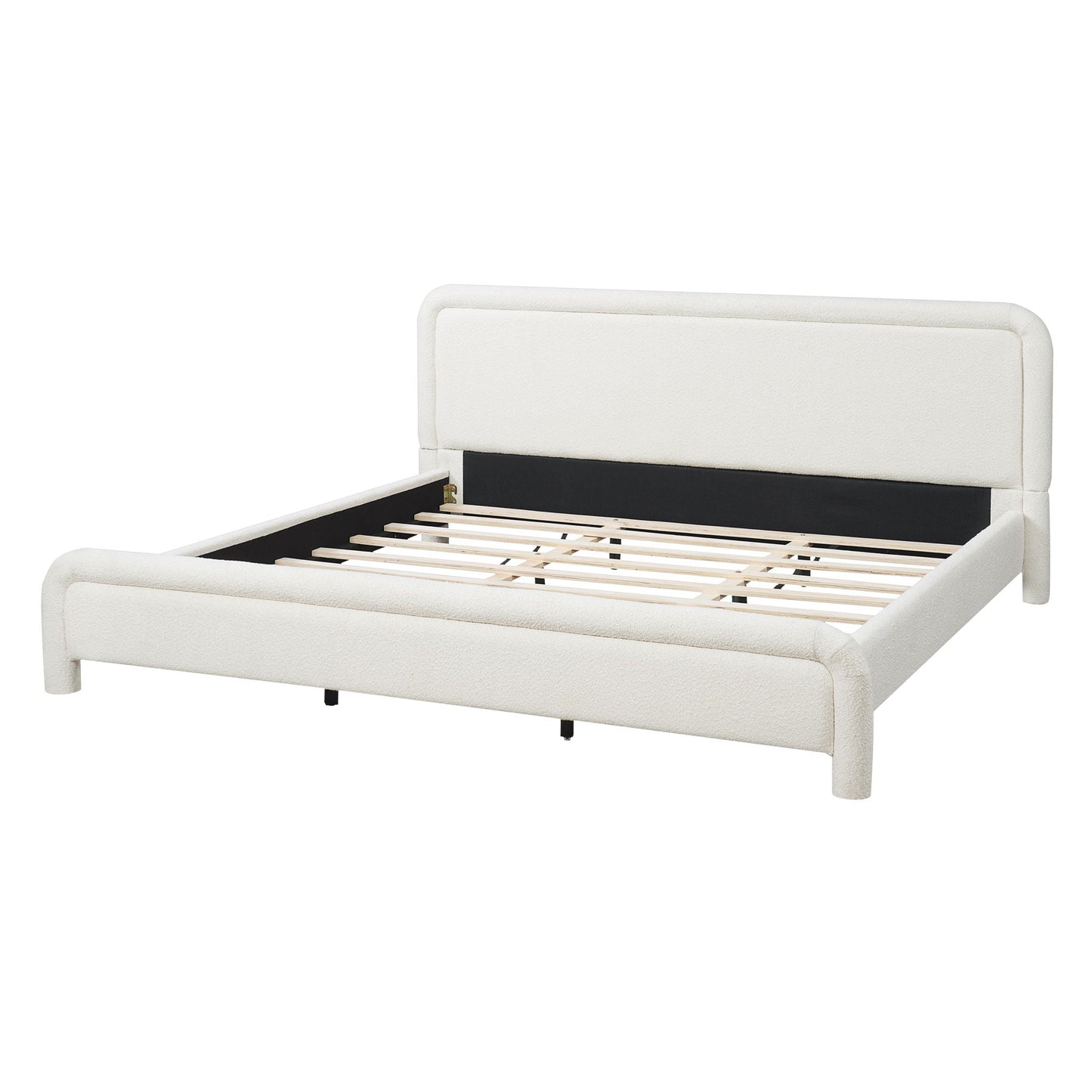 Modern Boucle Bed and Frame with Curved Headboard