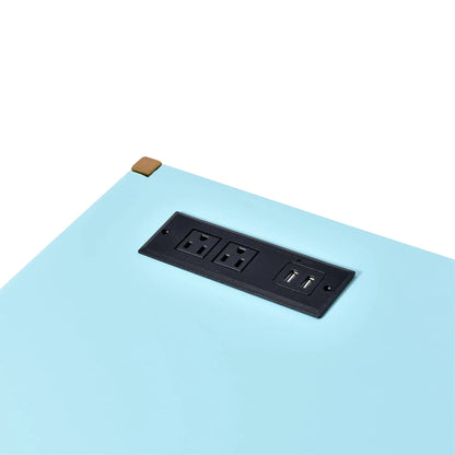 Midriaks writing desk with USB built-in power strip; light blue top with black outlet panel on Tampa Home & Garden Store