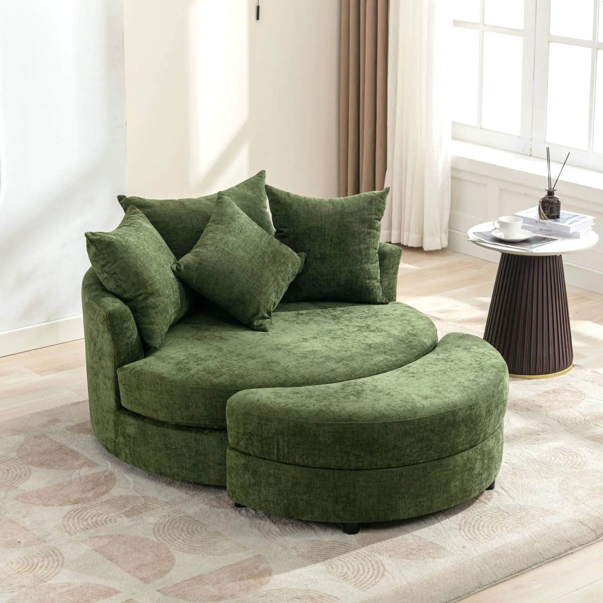 Green velvet round accent chair with four cushions and storage ottoman in modern living room on Tampa Home & Garden Store