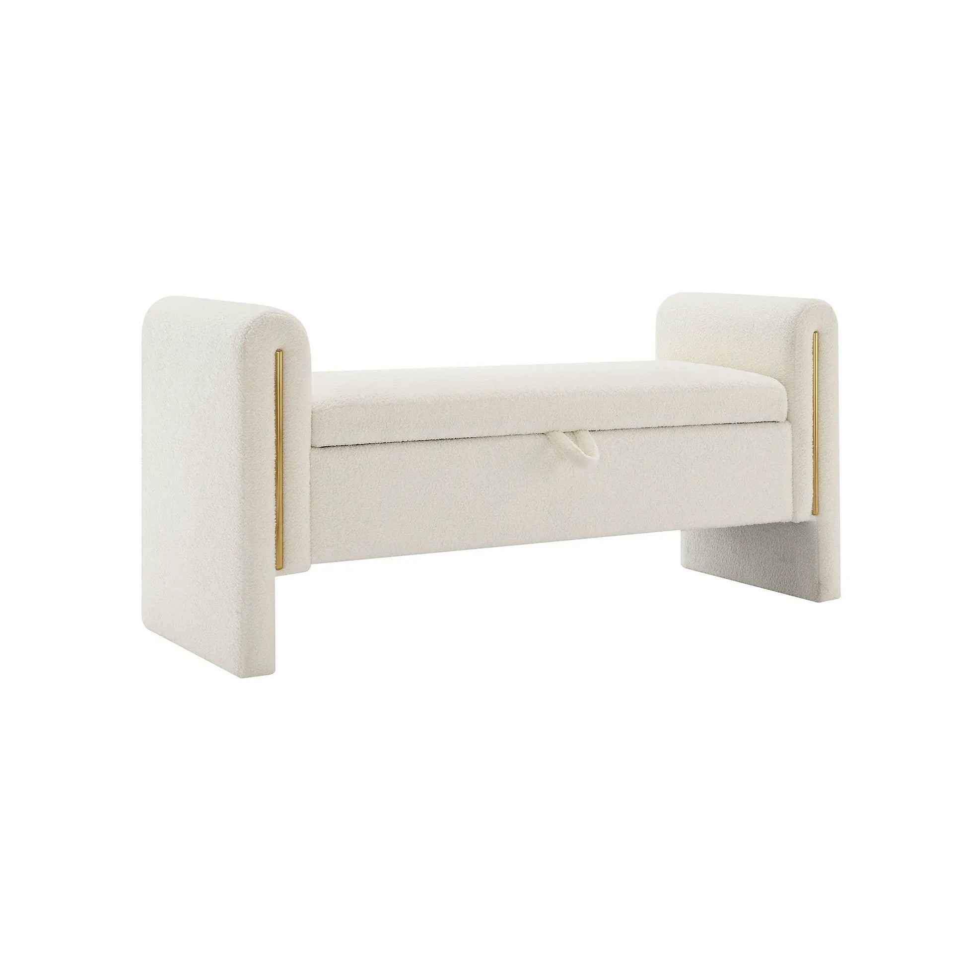 Modern Teddy upholstered bed end bench with arms in cream boucle, storage on Tampa Home & Garden Store