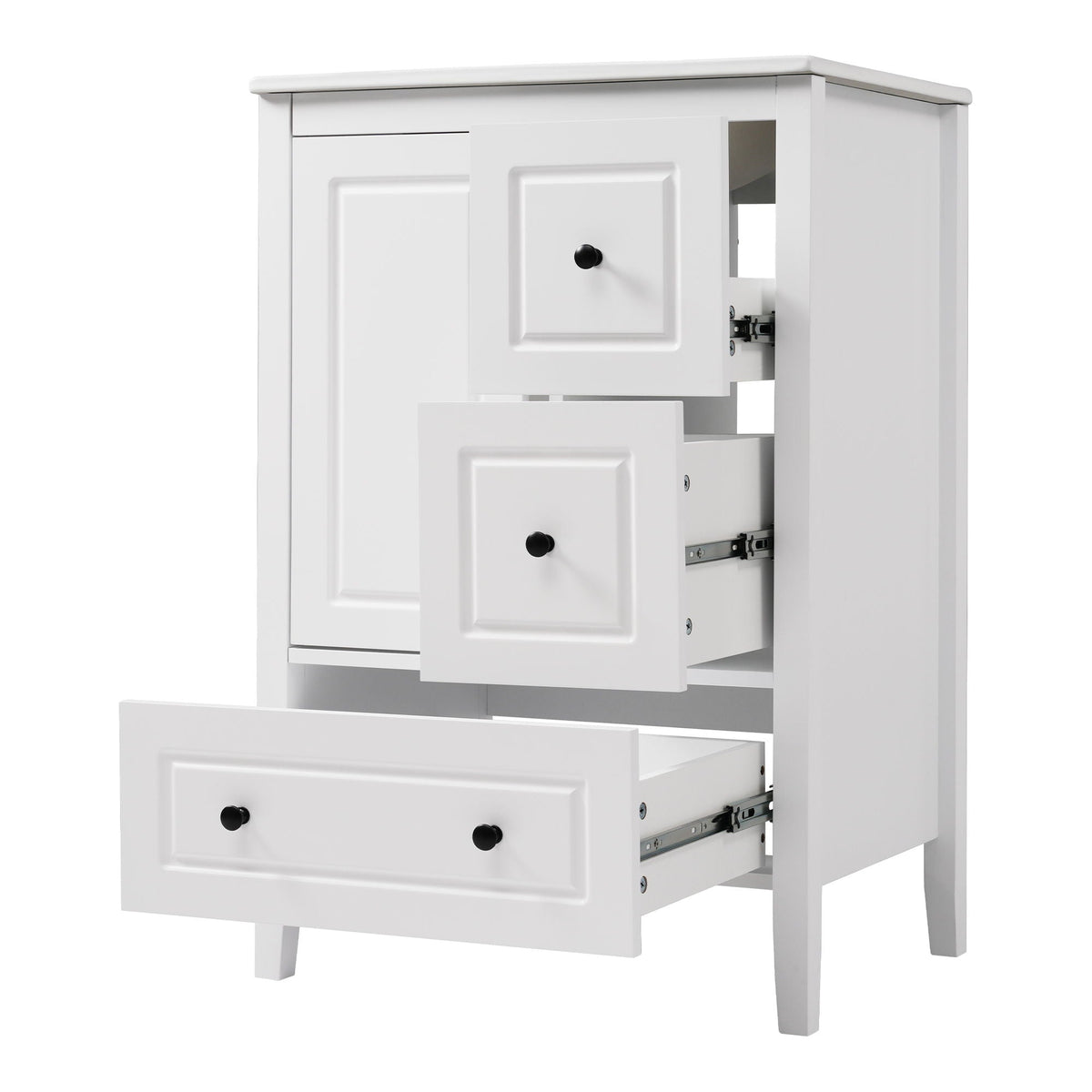Retro bathroom vanity white with three-panel-front drawers and black knob pulls on Tampa Home & Garden Store