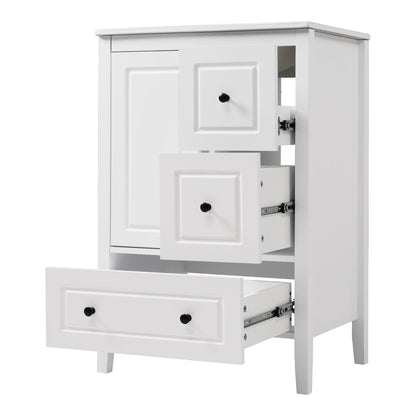 Retro bathroom vanity white with three-panel-front drawers and black knob pulls on Tampa Home & Garden Store