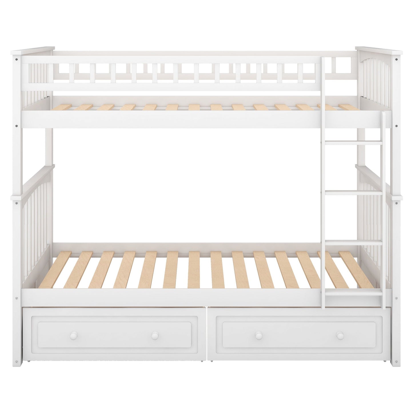 Twin over twin bunk bed with two under-bed drawers, white wood frame, right ladder HouseOfZazla on Tampa Home & Garden Store