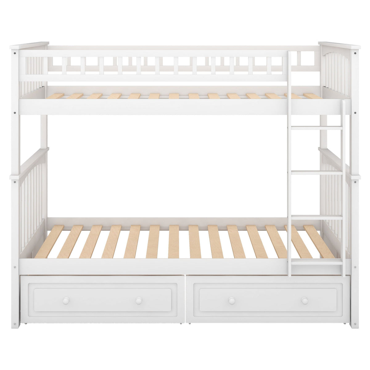 Twin over twin bunk bed with two under-bed drawers, white wood frame, right ladder HouseOfZazla on Tampa Home & Garden Store