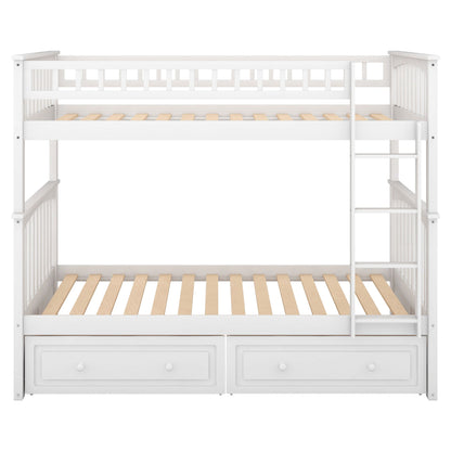 Twin over twin bunk bed with two under-bed drawers, white wood frame, right ladder HouseOfZazla on Tampa Home & Garden Store