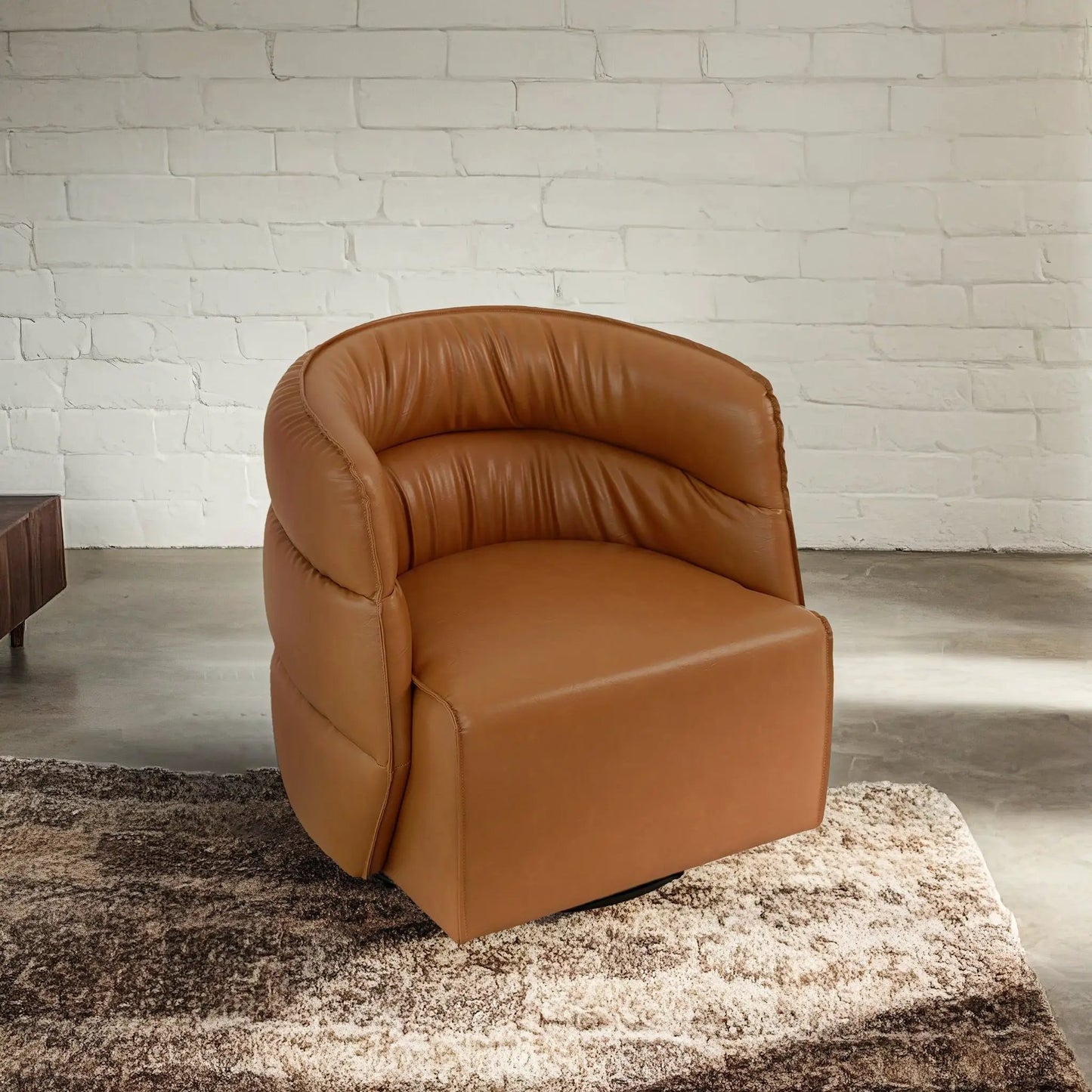 Walden Stylish Swivel Chair, tan leather upholstery with curved back and plush cushion on Tampa Home & Garden Store