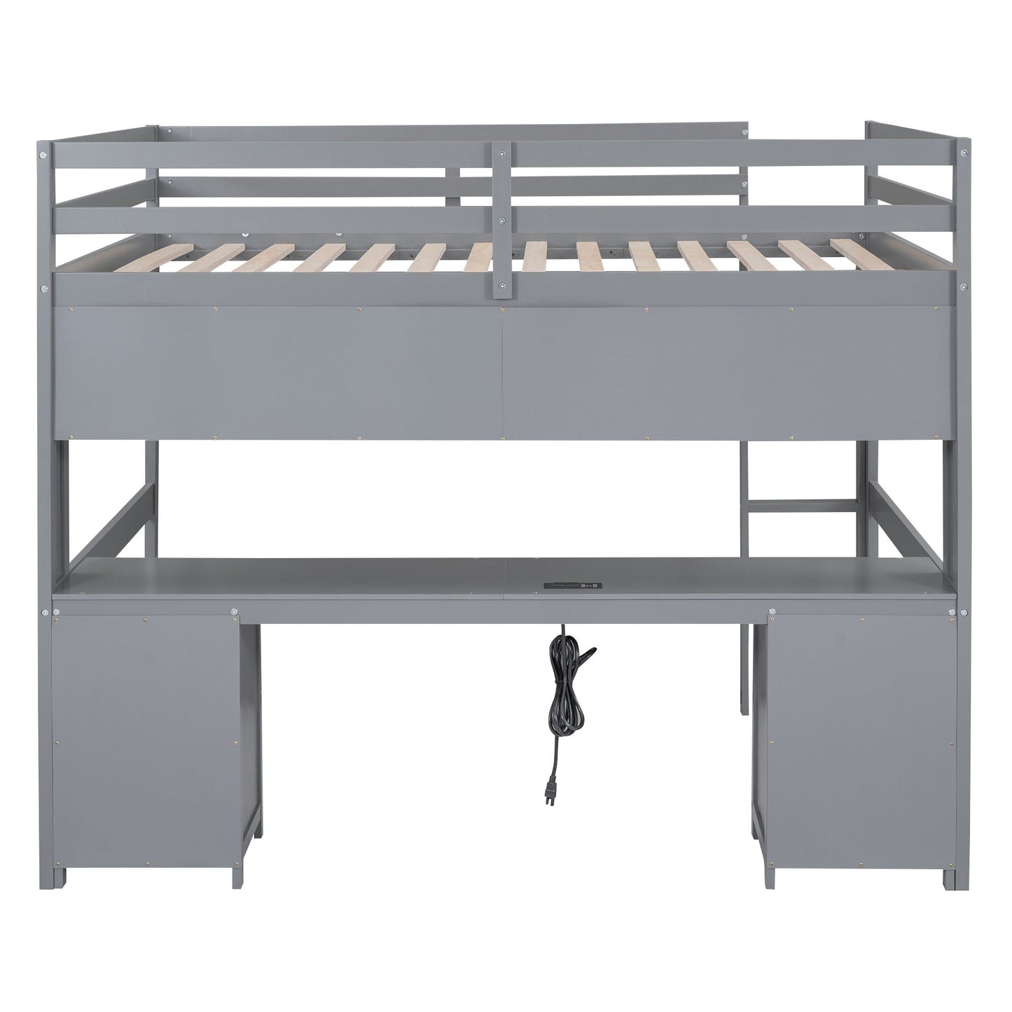 Loft bed with desk and cabinets in gray metal, guard rails and slatted mattress support on Tampa Home & Garden Store