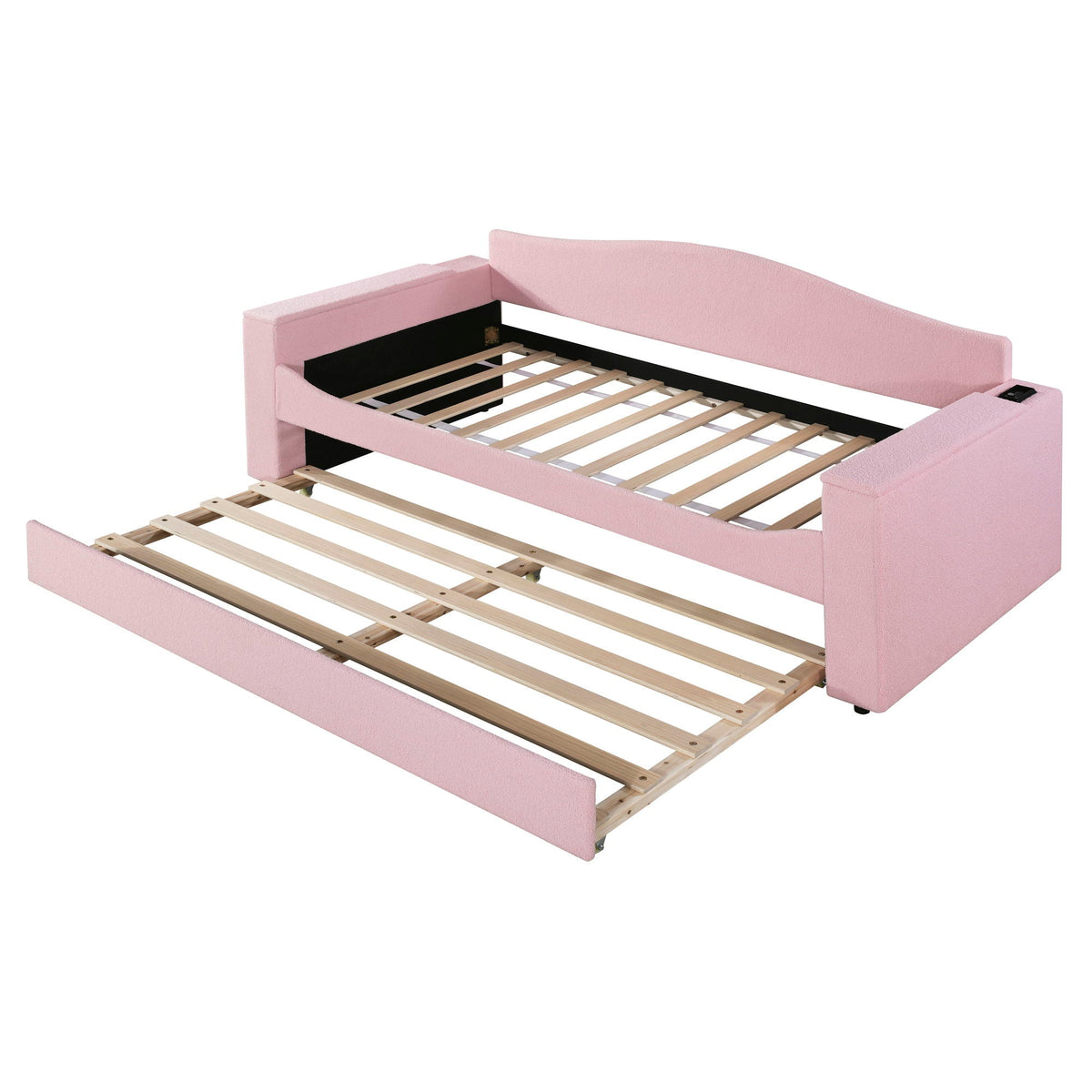 Pink upholstered daybed frame with curved backrest and wooden slat base, trundle-ready on Tampa Home & Garden Store