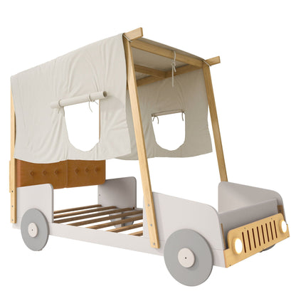 Twin Size Car Bed with pillow and ceiling canopy natural wood frame with LED by HouseOfZazla on Tampa Home & Garden Store