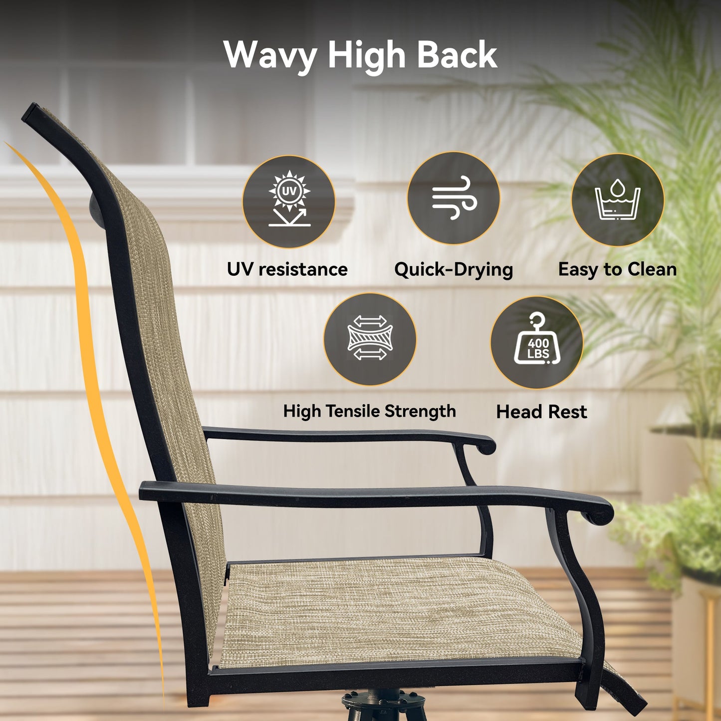 Outdoor patio swivel chair with beige woven fabric and black metal frame on Tampa Home & Garden Store