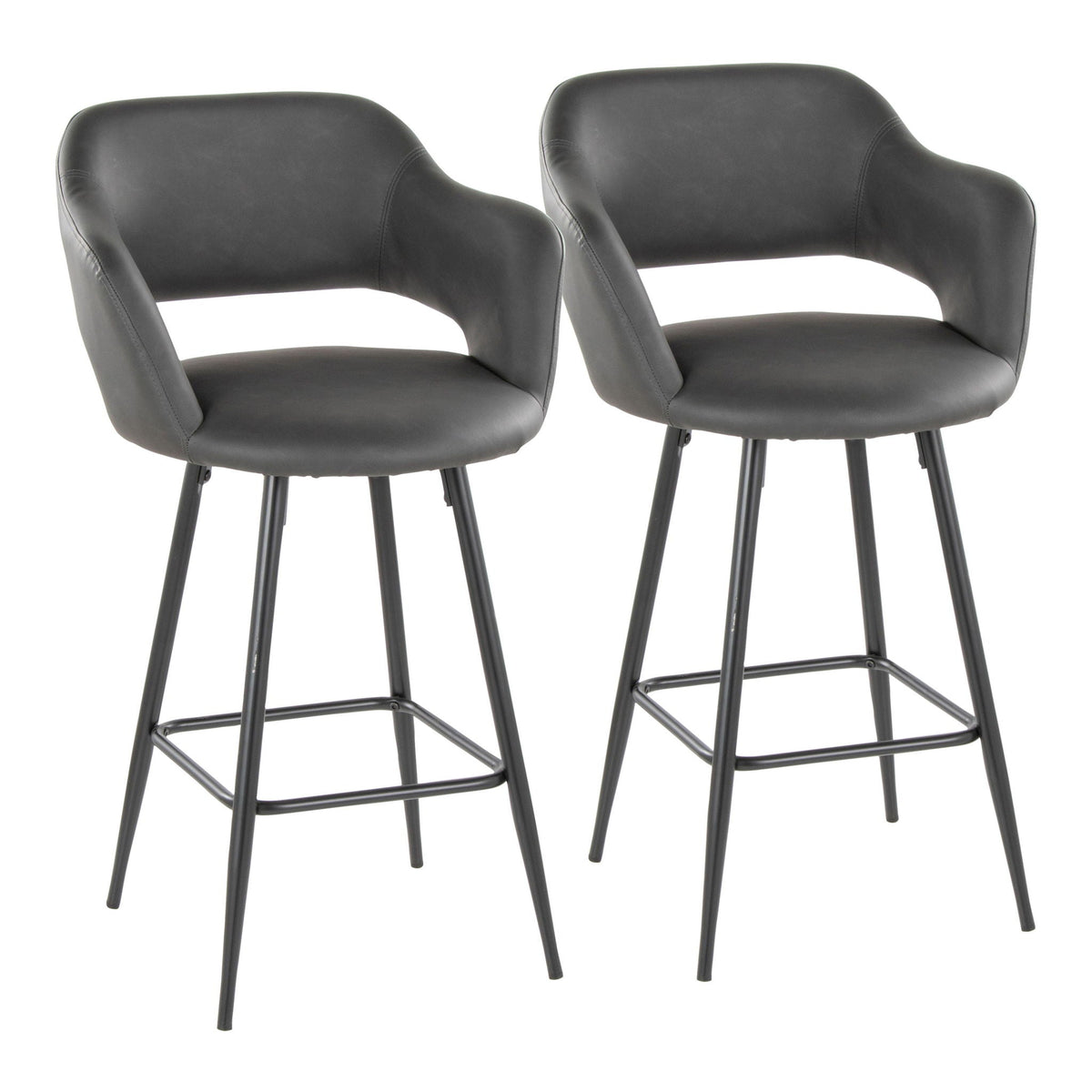 Pair of counter stools in black faux leather with square footrests and metal legs on Tampa Home & Garden Store
