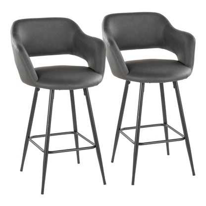 Pair of counter stools in black faux leather with square footrests and metal legs on Tampa Home & Garden Store