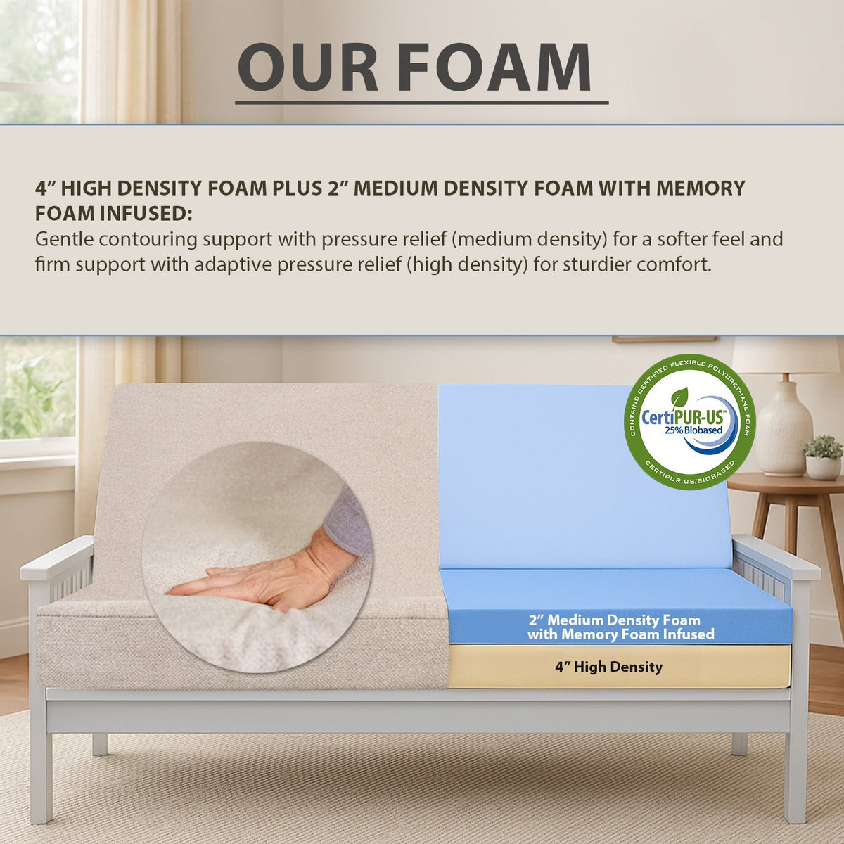 Memory foam infused futon mattress full XL by HouseOfZazla; sofa bed with memory foam layers on Tampa Home & Garden Store
