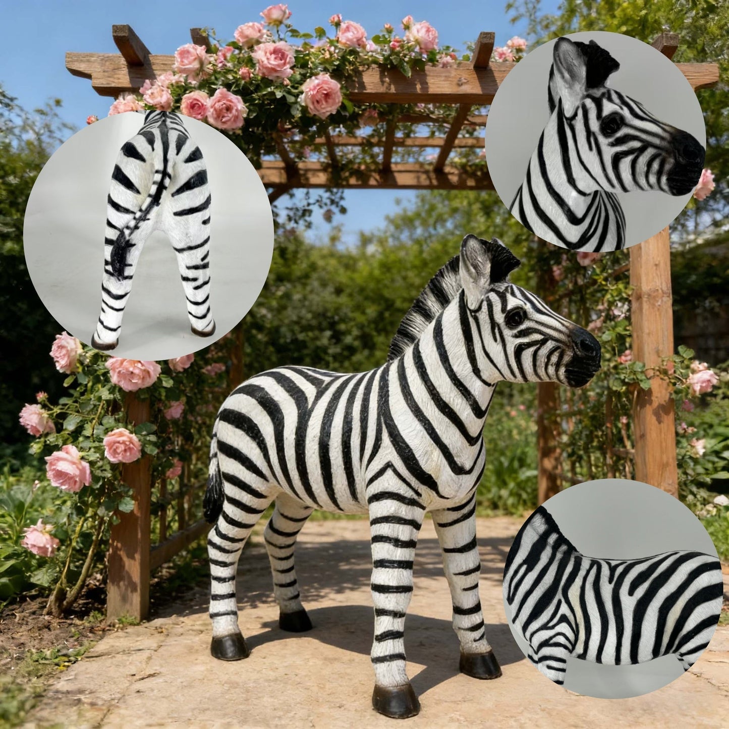Set of simulated zebra garden statues, black and white, 18.31 in tall x 19.49 in long, HouseOfZazla on Tampa Home & Garden Store