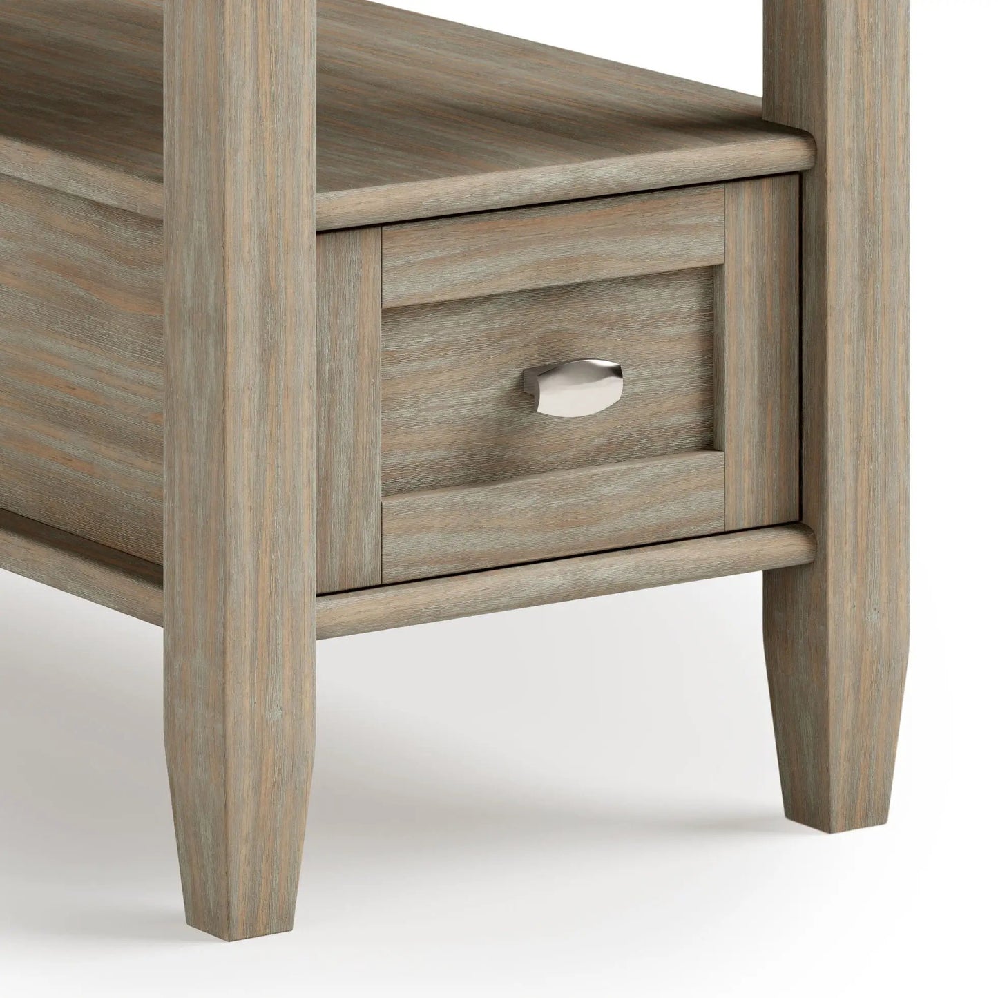 Warm Shaker handcrafted table leg and drawer front in weathered gray wood with metal knob on Tampa Home & Garden Store
