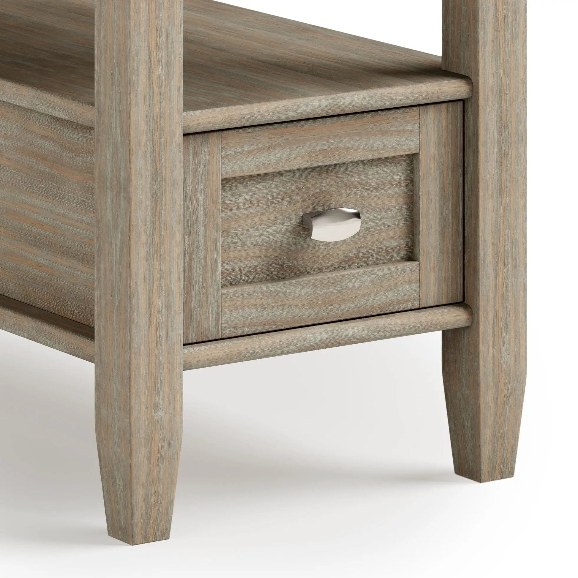Warm Shaker handcrafted table leg and drawer front in weathered gray wood with metal knob on Tampa Home & Garden Store