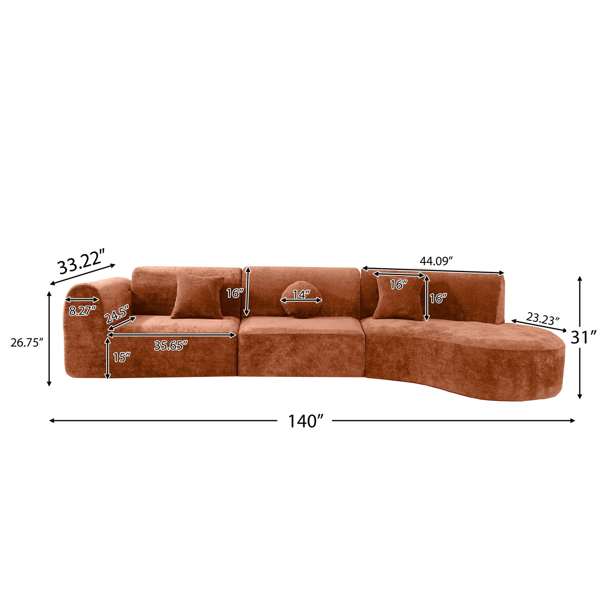 140-inch curved sectional sofa with chaise lounge in rust fabric HouseOfZazla on Tampa Home & Garden Store