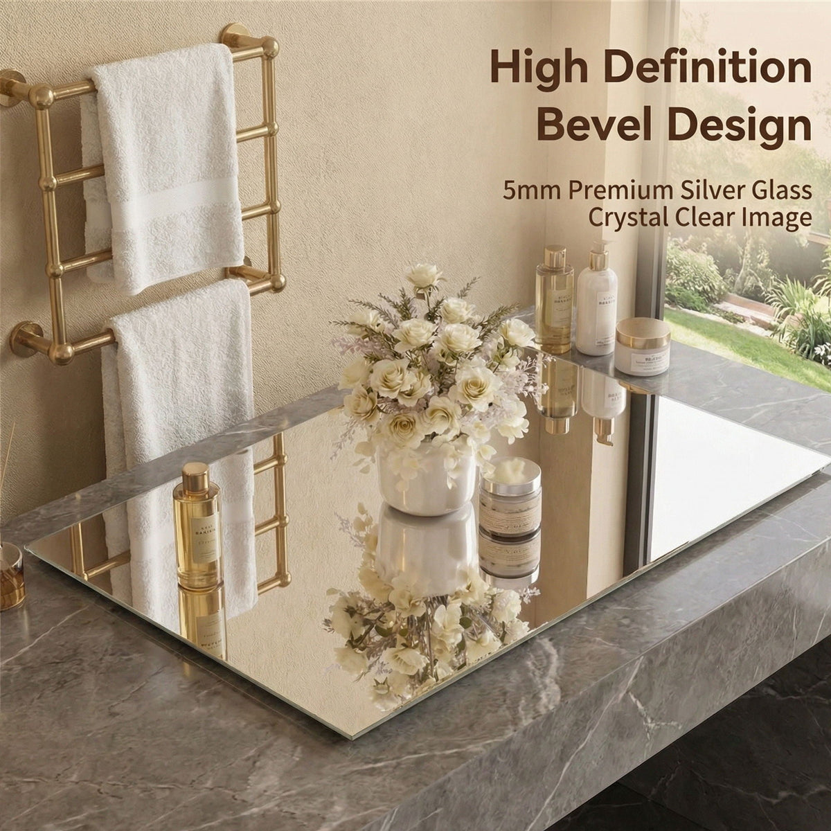 Full Body Round Corner Mirror by HouseOfZazla with beveled glass on marble vanity on Tampa Home & Garden Store