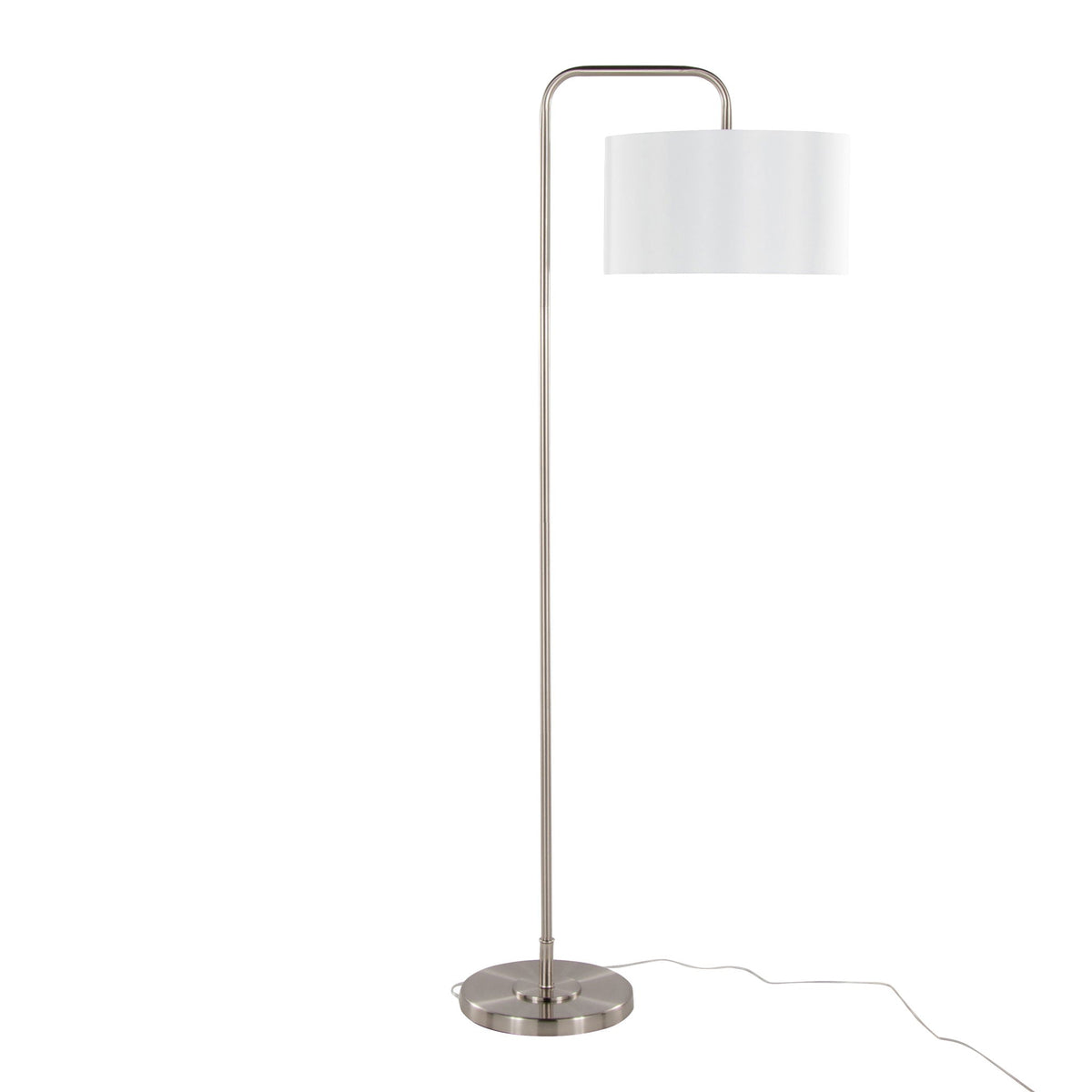 Puck Contemporary Floor Lamp by HouseOfZazla with brushed nickel arc and white drum shade on Tampa Home & Garden Store