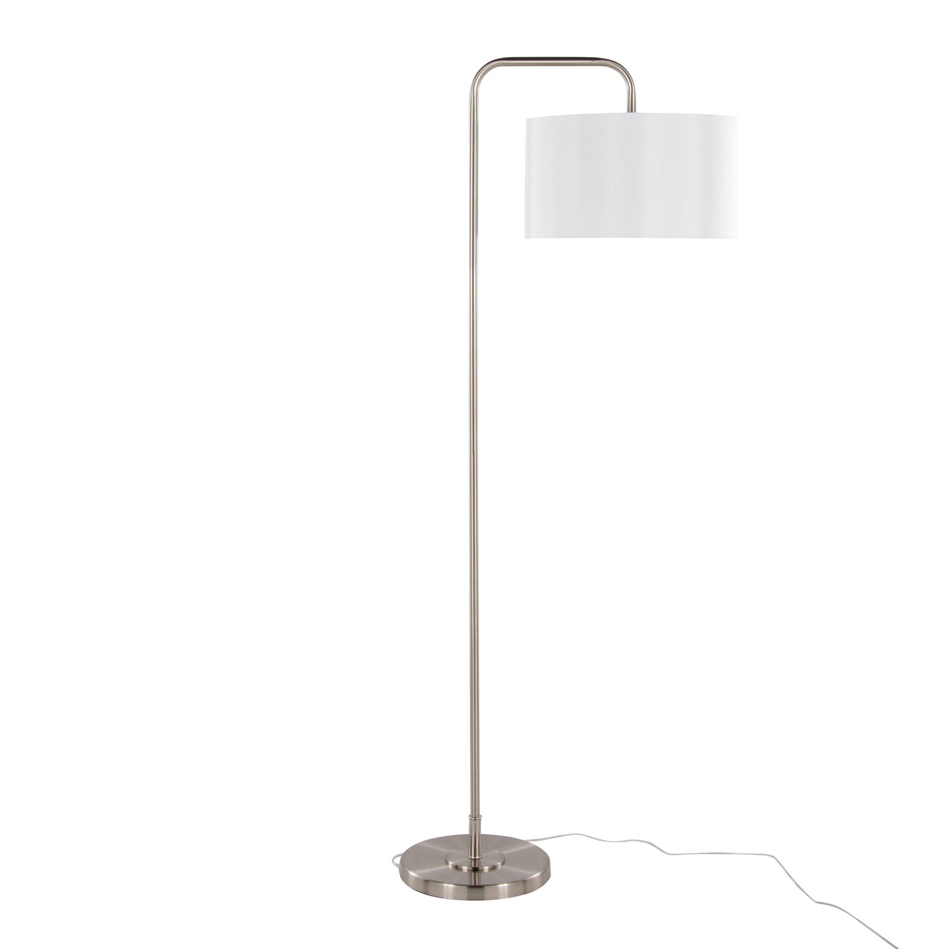 Puck Contemporary Floor Lamp by HouseOfZazla with brushed nickel arc and white drum shade on Tampa Home & Garden Store