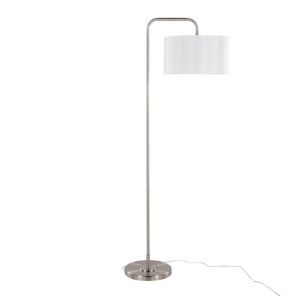 Puck Contemporary Floor Lamp by HouseOfZazla with brushed nickel arc and white drum shade on Tampa Home & Garden Store