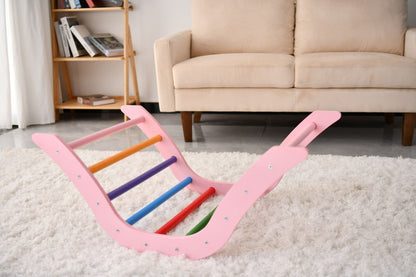 Gardenia Pikler triangle set pink Montessori toddler climbing toy with colorful rungs on rug on Tampa Home & Garden Store