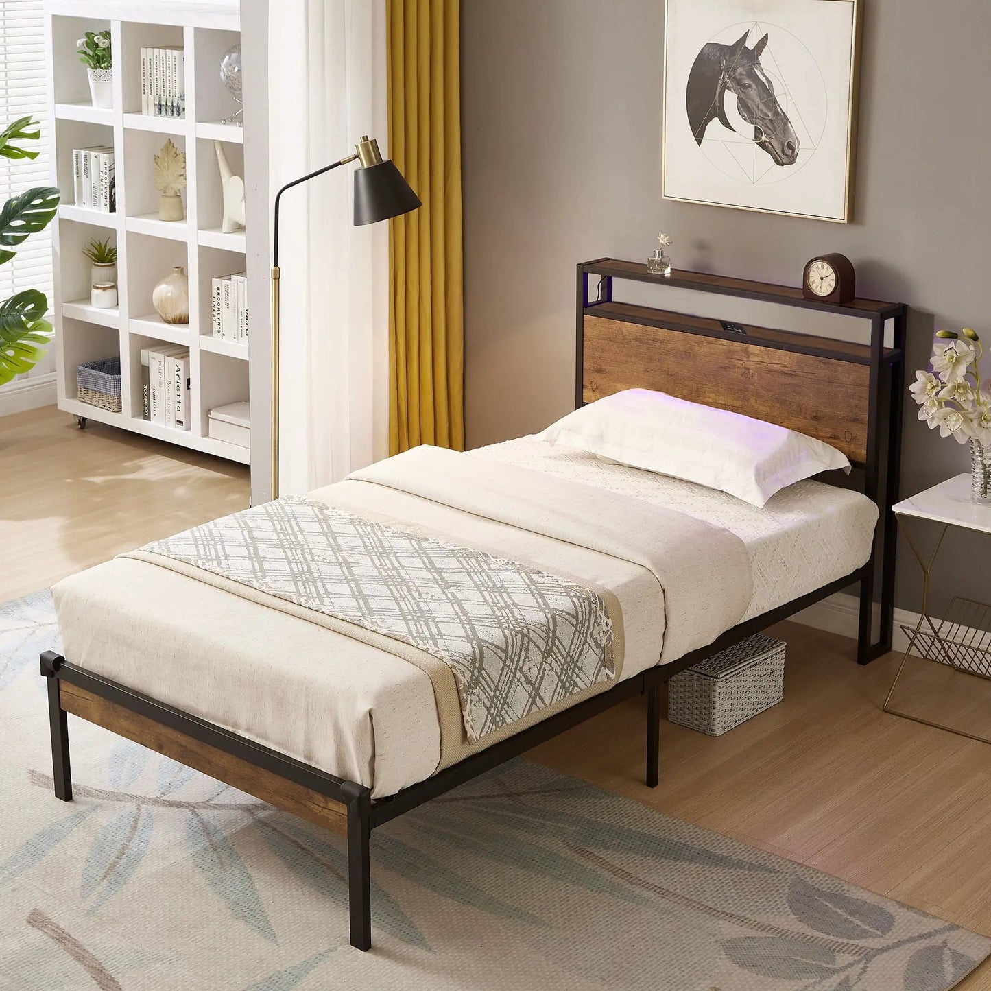 Platform bed frame with wooden headboard and footboard, black metal base, twin bed pair in a modern bedroom on Tampa Home & Garden Store