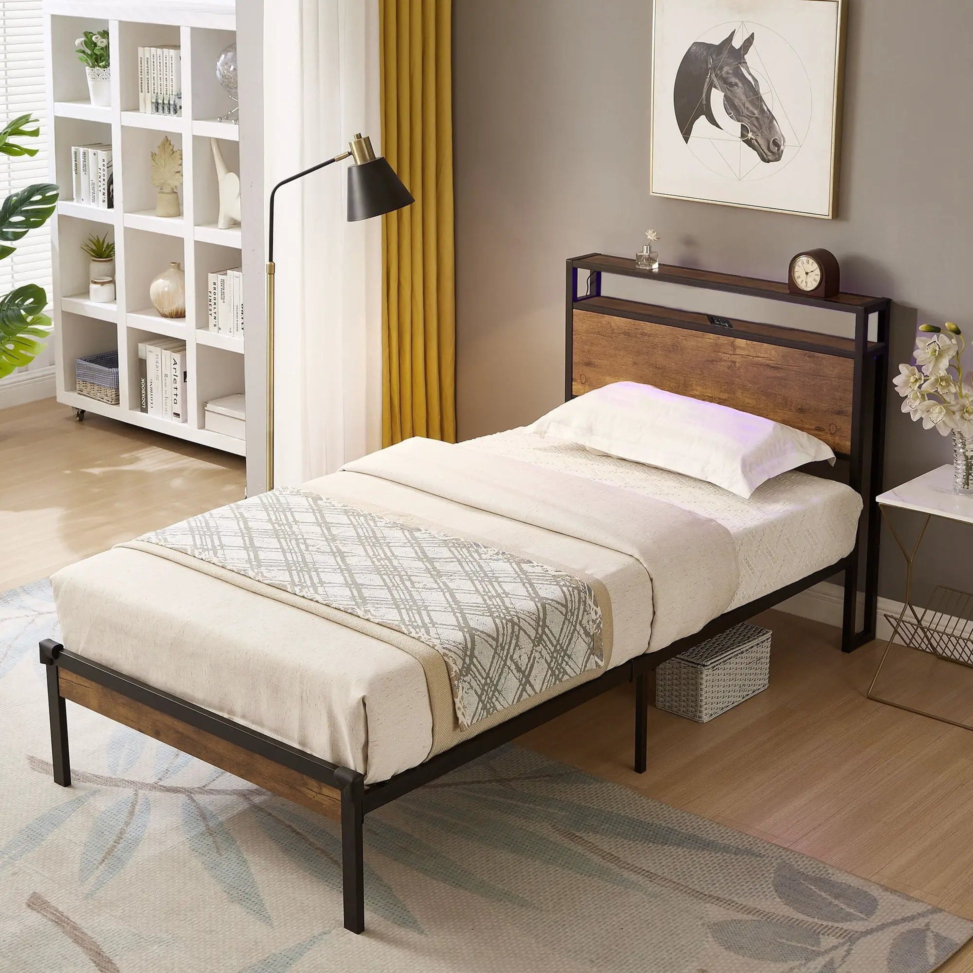 Platform bed frame with wooden headboard and footboard, black metal base, twin bed pair in a modern bedroom on Tampa Home & Garden Store