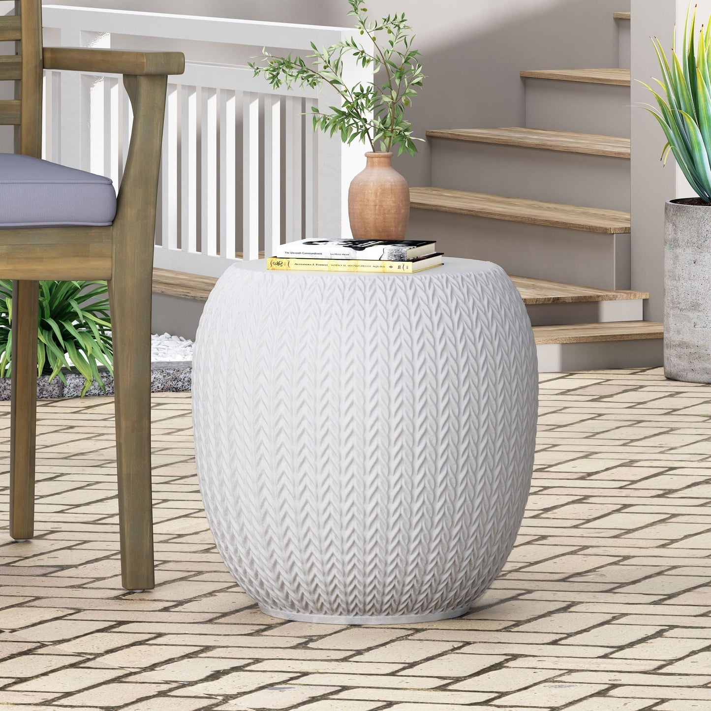 Antique White Concrete Side Table For Patio