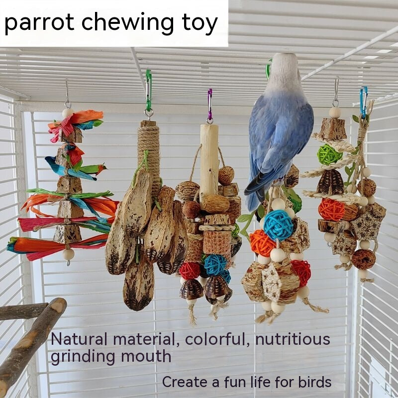 Parrot chew toy set, hanging in cage with natural wood blocks, rope, shells, colorful balls on Tampa Home & Garden Store