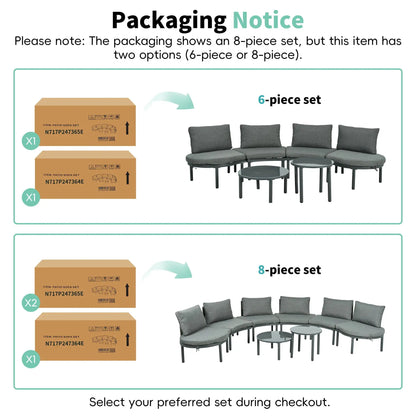 6-piece patio set with half-moon outdoor sectional sofa, 4 cushions, and 2 high-low coffee tables on Tampa Home & Garden Store