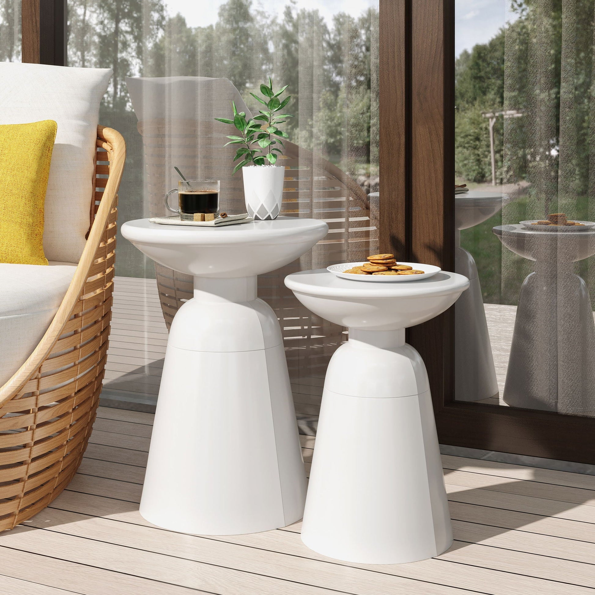 Serenita outdoor side tables with flared white pedestal bases, set of 2 on patio on Tampa Home & Garden Store