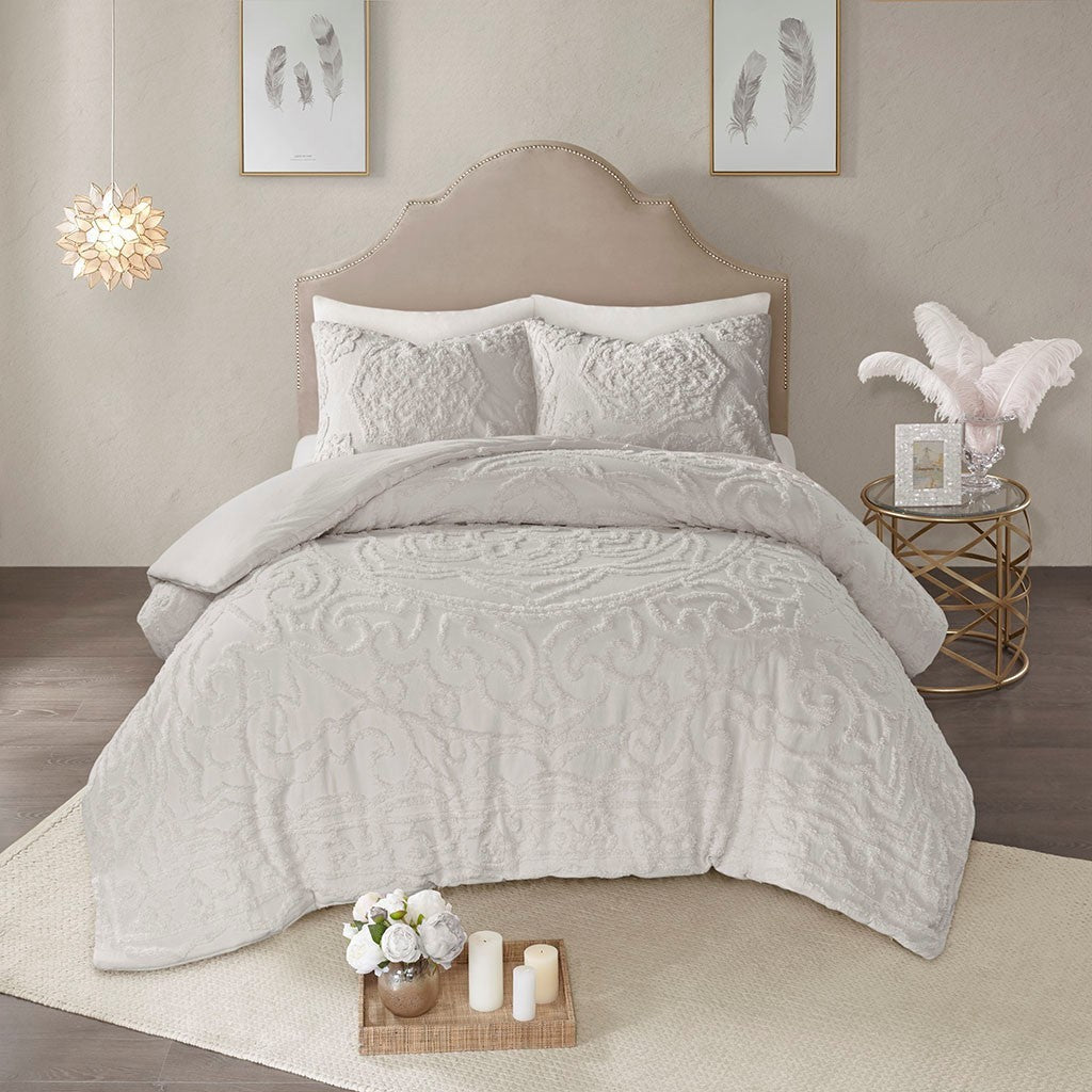 King/Cal King tufted cotton chenille medallion duvet cover set with two shams in gray ivory on Tampa Home & Garden Store