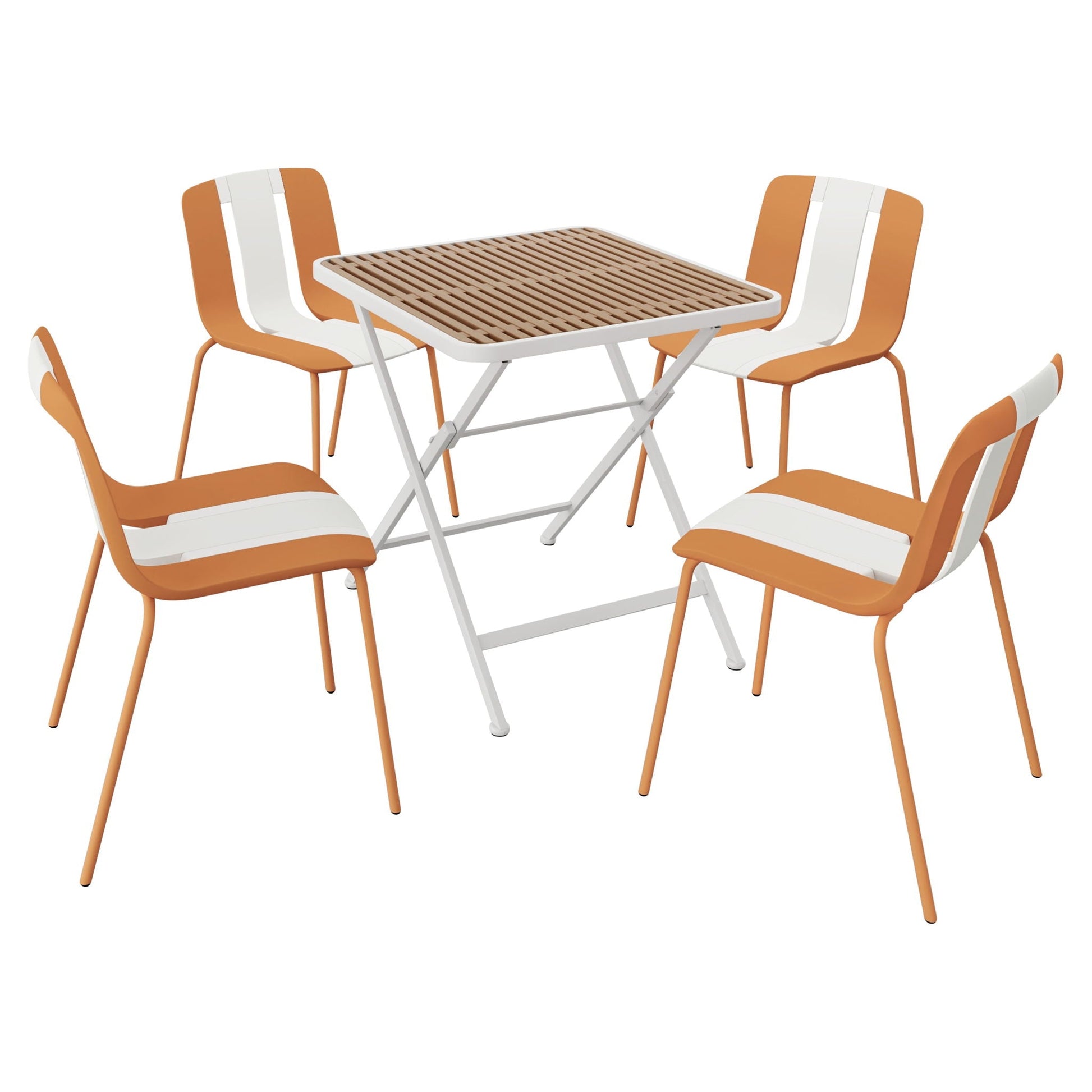 4 Piece Set Of Modern Striped Outdoor Chairs With Folding Square Table orange and white on Tampa Home & Garden Store