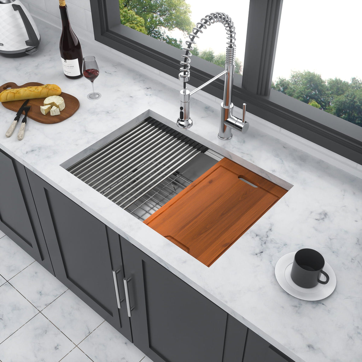 Single bowl undermount workstation sink chrome spring faucet drainboard marble countertop on Tampa Home & Garden Store